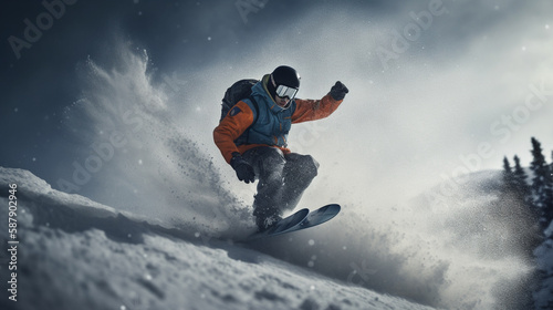 Snowboarder jumping through air Generated AI