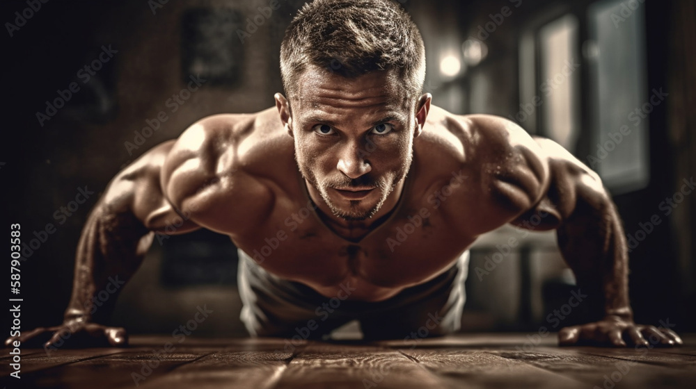Handsome man doing push ups exercise with hands. Generated AI Handsome man doing push ups exercise with hands. Generated AI