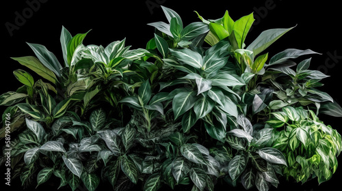 Tropical leaves foliage plants bush floral arrangement nature backdrop on black background Generated AI