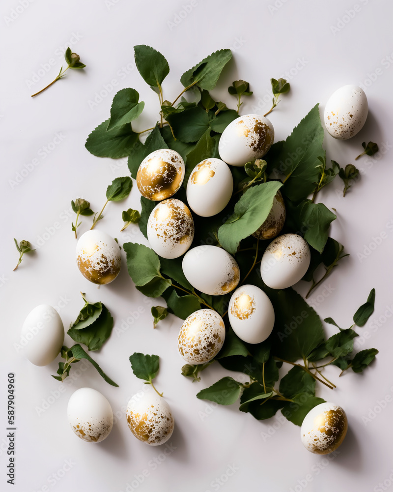 Easter golden eggs composition with green branches. Happy Easter background. banner template.Top view. Flat lay mockup. Easter promotion and shopping poster. Generative Ai