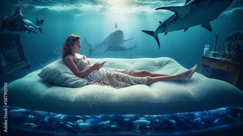 Woman hanging out on air mattress. With underwater shark. Generated AI