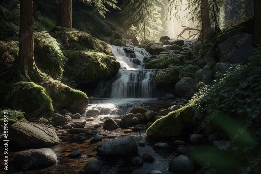 beautiful nature background with waterfall and forest.Generative ai