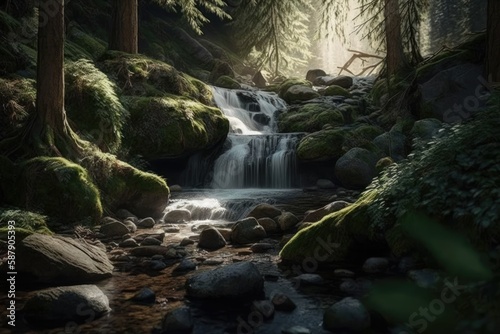 beautiful nature background with waterfall and forest.Generative ai