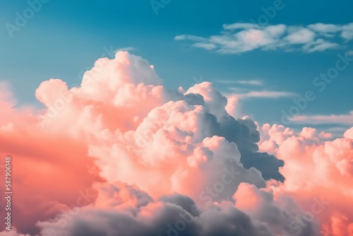 Fluffy pink clouds, sunset. Abstract background, beautiful sky. Wallpaper on modern style. Card design. Image is AI generated. © tatyana