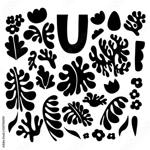 Abstract art set in trendy minimal flat memphis Matiss style. Organic doodle shapes, forms, flower, collage elements for design in trendy naive retro style. Isolated vector hand drawns Illustration