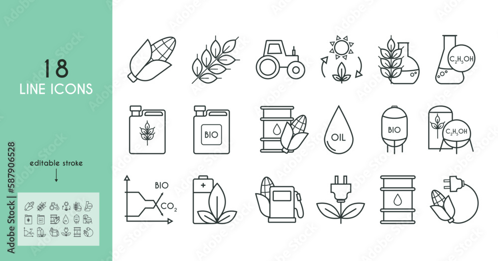 Biofuel set of icons. Corn, wheat, ethanol, tractor, oil, canister, barrel of fuel. Vector simple illustration Biofuel set of icons. Corn, wheat, ethanol, tractor, oil, canister, barrel of fuel. Vector simple illustration