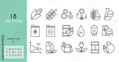 Biofuel set of icons. Corn, wheat, ethanol, tractor, oil, canister, barrel of fuel. Vector simple illustration