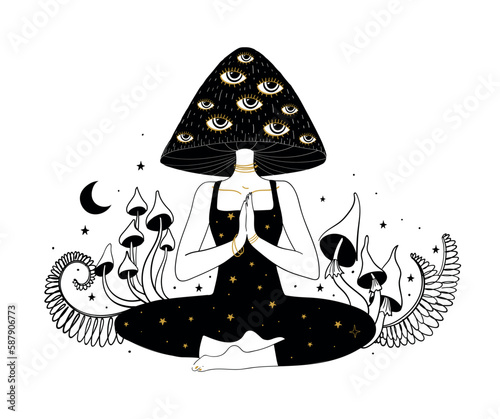 Microdose of mushrooms, psychedelic tattoo, many-eyed mushroom woman meditating. Trippy Halloween illustration, witch sticker, clothing print. Vector line illustration.