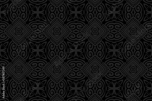 Embossed ethnic black background, cover design. Geometric elegant 3D handmade pattern, press paper, leather. Tribal motifs of the East, Asia, India, Mexico, Aztecs, Peru.