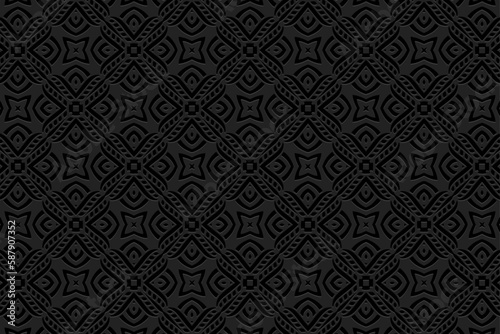 Embossed ethnic black background, cover design. Geometric decorative 3D handmade pattern, press paper, leather. Tribal motifs of the East, Asia, India, Mexico, Aztecs, Peru.