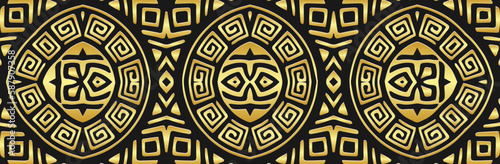 Banner, tribal cover design. Embossed ethnic geometric golden 3d greek pattern, meander. Decorative black background. Themes of the East, Asia, India, Mexico, Aztecs, Peru. 