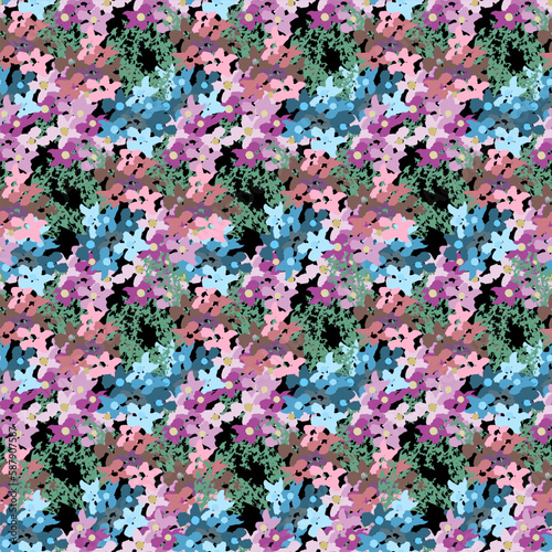 Hand-drawn seamless pattern with floral print. Small pink and blue flowers on a black background. Vector pattern for printing on fabric, gift wrapping, covers, wallpapers. © mrnvb