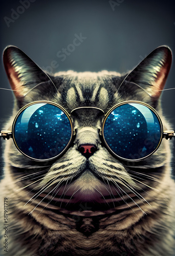 Portrait of a cat wearing round sunglasses. Toned image. AI Generative