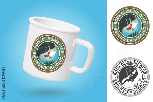 White camping cup. Realistic mug mockup template with sample design. Rock Climbing club badge. Vector. Concept for shirt or logo, print, stamp or tee. Vintage typography design with climber on the