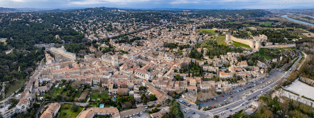 Aerial of the city Villeneuve-lès-Avignon in France on a sunny afternoon in spring