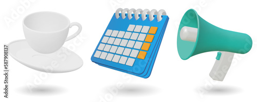 Set of realistic 3d icon tea cup, calendar, megaphone. Vector Illustration. 3d tea cup, calendar, megaphone icon isolated on white background