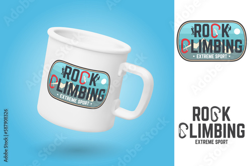 White camping cup. Realistic mug mockup template with sample design. Rock Climbing club badge. Vector. Typography design with a straight gate locking carabiner for bolt and carabiner witn keylock nose