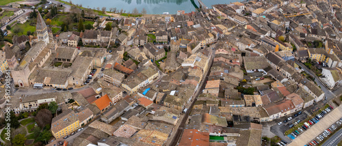 Aerial around the old town of Tournus in early spring