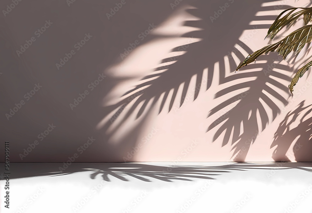 Blurred tropical palm leaf shadow on pink and green wall background for product show, Spring and Summer, Minimal Style, Generative AI. Blurred tropical palm leaf shadow on pink and green wall background for product show, Spring and Summer, Minimal Style, Generative AI.