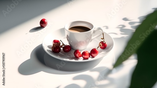 Beautiful espresso coffee in white coffee cup with cherries