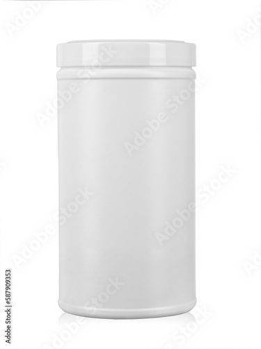 White plastic jar for medicines or vitamins, without an inscription. Isolated on a white background.