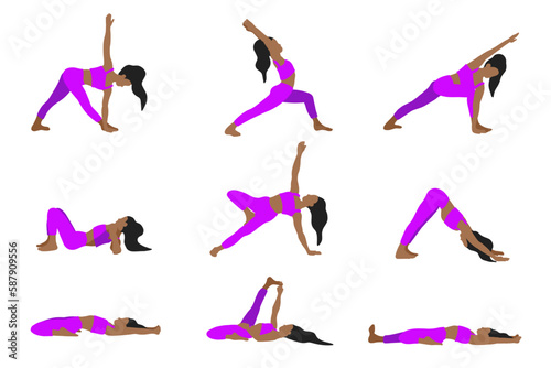 Flexibility yoga poses collection. African American longhair female, lady, woman, girl. Pilates, mental health, training, gym. Vector illustration in cartoon flat style isolated on white background.