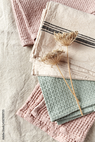 Linen and cotton tea towels. Natural textile. Close-up