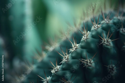  a close up of a cactus with many spikes on it's head and a blurry background of other cactuses in the background. generative ai