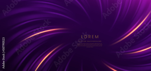 Abstract elegant purple curved lines on dark purple background and gold curved lines with copy space for text. Luxury design style.