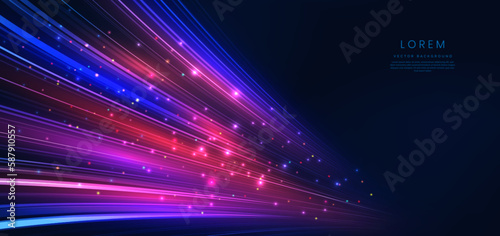 Abstract technology futuristic glowing blue and red light curved lines with high-speed effect on dark blue background.