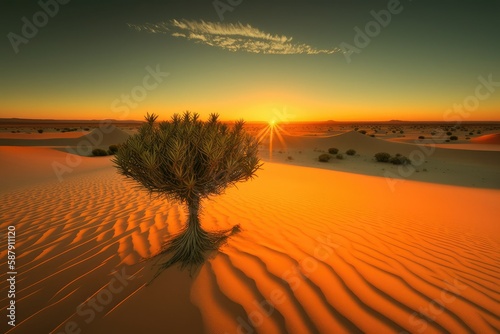 A Stunning Desert Scene the Vast Expanse of Sand Dunes Focused on a Lone Desert Plant. Created Using Generative AI.