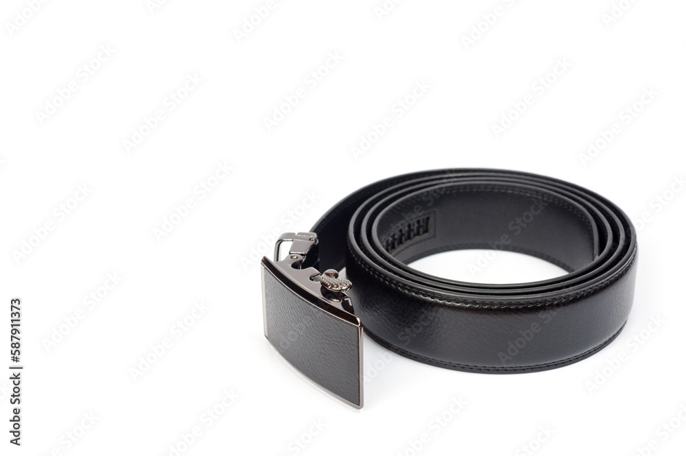 Men's black leather trouser belt with metal clasp. Men's black leather trouser belt with metal clasp.