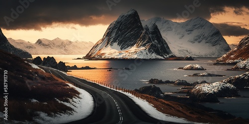 Arctic coastline tunnal road on the Lofoten Islands Generative AI photo