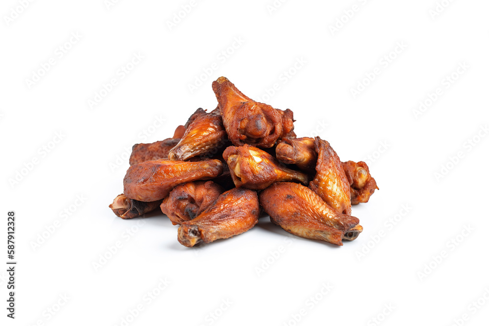 a pile of spicy fried chicken wings isolated on a white background. Created with Generative AI Technology a pile of spicy fried chicken wings isolated on a white background. Created with Generative AI Technology