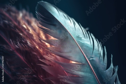 Fotografie a close up of a feather on a black background with a blurry image of the feather and the background is red and blue with a blurry light