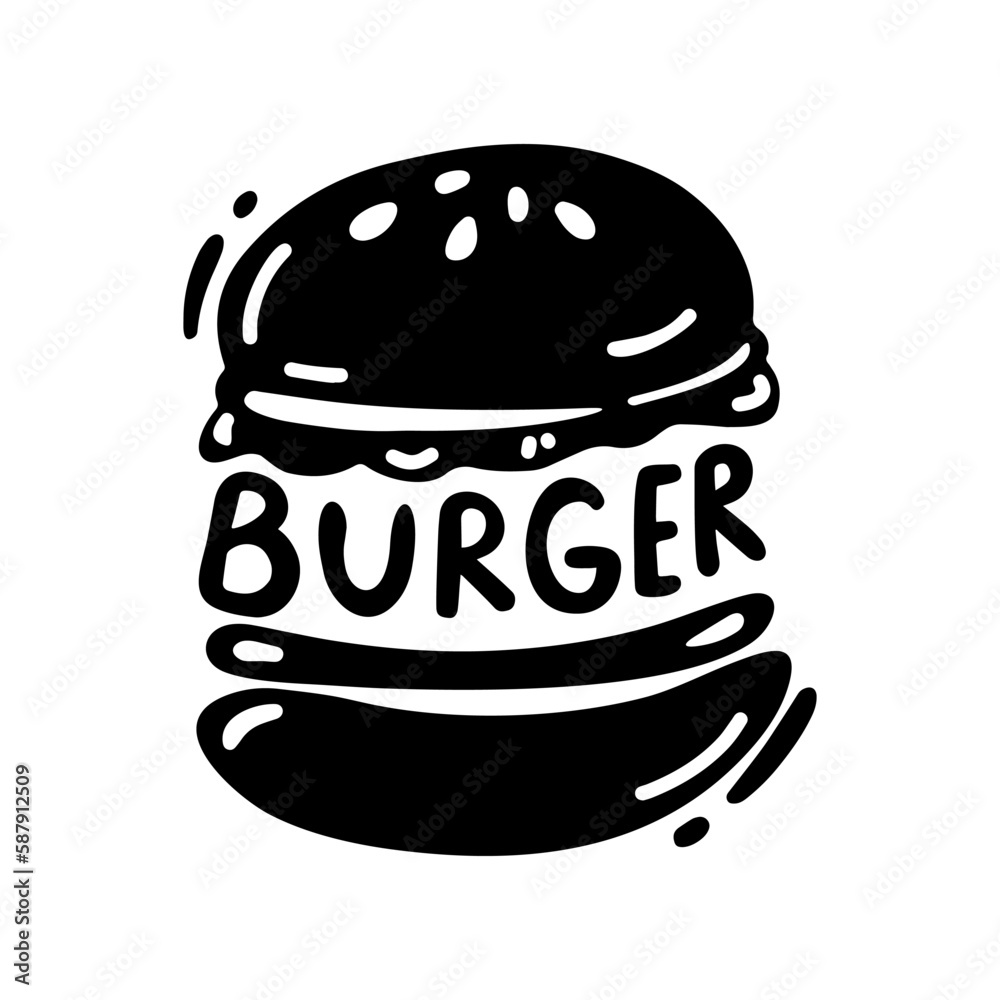 Burger logo. Graphic drawing with an inscription. Isolated on white background.
Burger logo. Graphic drawing with an inscription. Isolated on white background.