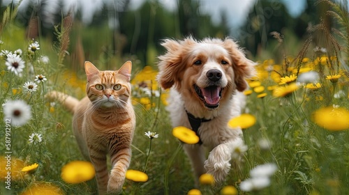 Couple of friends a cat and a dog running. Generative AI