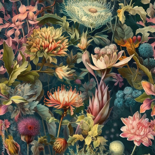 Seamless floral background with various flower types, vintage botany books style on dark blue background, AI generative