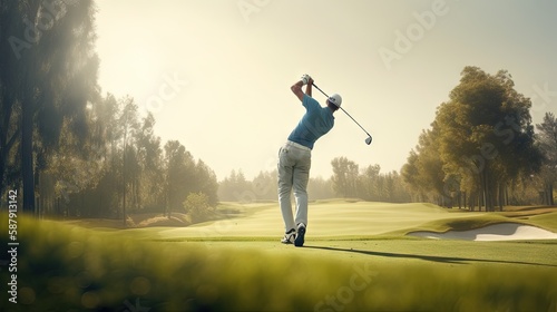 Male Golfer Taking a Shot on Professional Golf Course. Generative AI.
