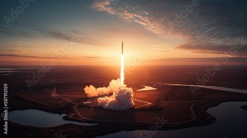 Earth's Spaceport: Stunning Night View of Shuttle Launch from Earth. Generative AI. photo
