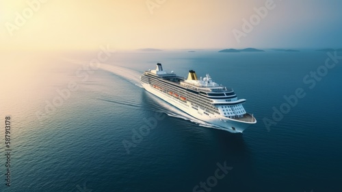 Aerial view of beautiful white cruise ship above luxury cruise in the ocean sea at early in the morning time. Generative AI.