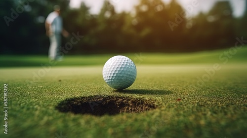 Professional Golf Player Putting Ball into Hole on Green. Generative AI.