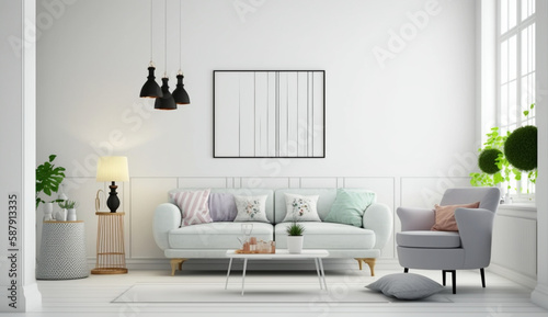The bright and cozy modern living room interior has a sofa, lamp, white walls, and 3D rendering. interior living room with a colorful white sofa. © ImaginaryInspiration