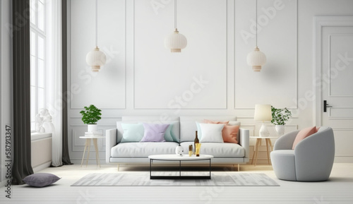 The bright and cozy modern living room interior has a sofa  lamp  white walls  and 3D rendering. interior living room with a colorful white sofa.