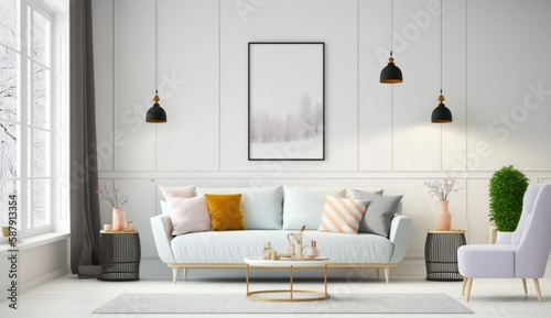 The bright and cozy modern living room interior has a sofa  lamp  white walls  and 3D rendering. interior living room with a colorful white sofa.