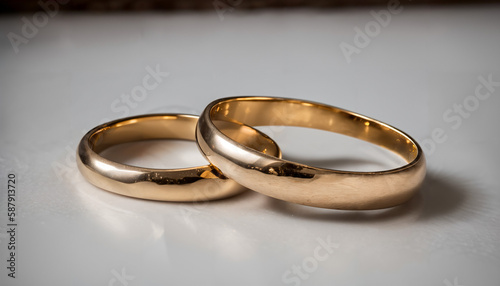 Two golden wedding rings / wedding / marriage / lying on a light neutral background. Space for text. Ideal as banner, wallpaper or background