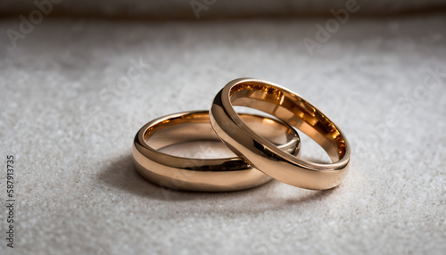 Two golden wedding rings / wedding / marriage / lying on a light neutral background. Space for text. Ideal as banner, wallpaper or background