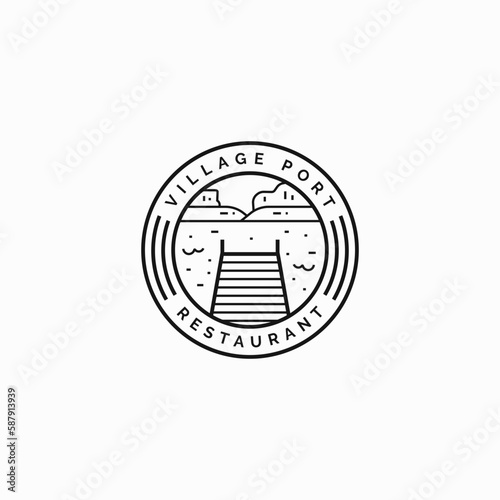 vintage village port restaurant logo design vector illustration. luxury retro wooden pork, lake dock, wharf sign logo vector design template isolated on white background. 