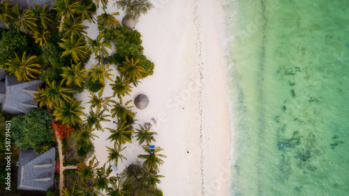 Zanzibar Island boasts a stunning tropical beach featuring white sand, palm trees, and turquoise waters against a backdrop of a clear blue sky with fluffy clouds on a sunny summer day. 