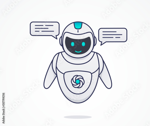 Digital chat bot, robot assistant for customer support. Concept of virtual conversation assistant for getting help and providing information.